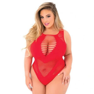 Red Fishnet Bodysuit Plus One Size Fits All High Neck Ribbed Cutout Thong NWT